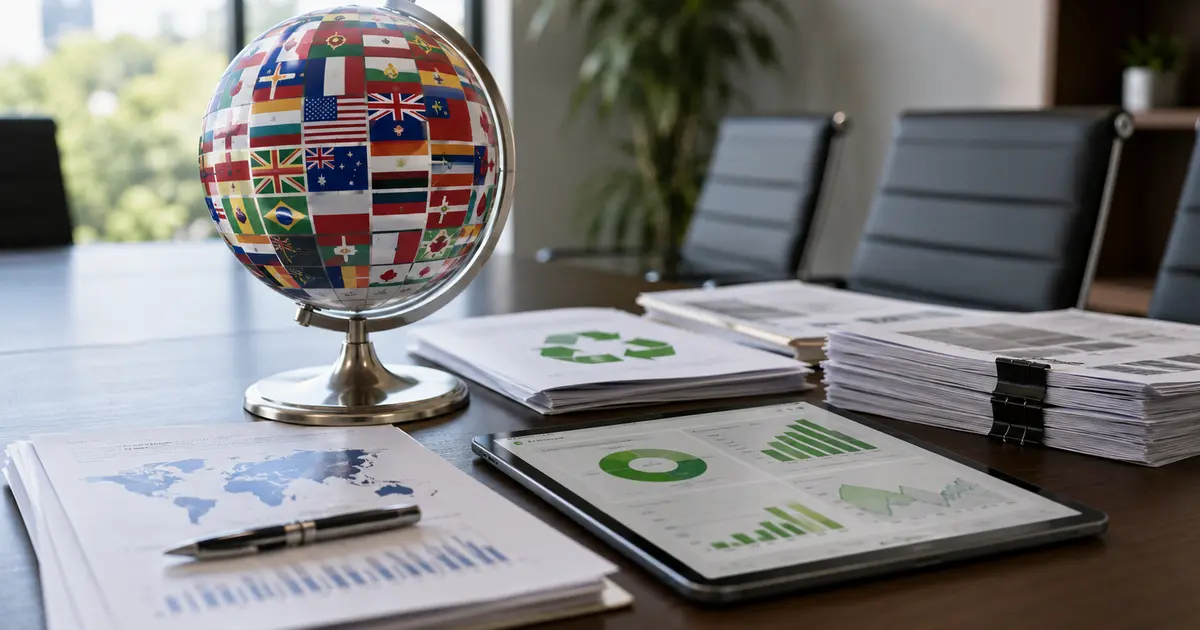 Conference table with world flags globe, sustainability documents and green data dashboard tablet representing global commercial food waste regulations