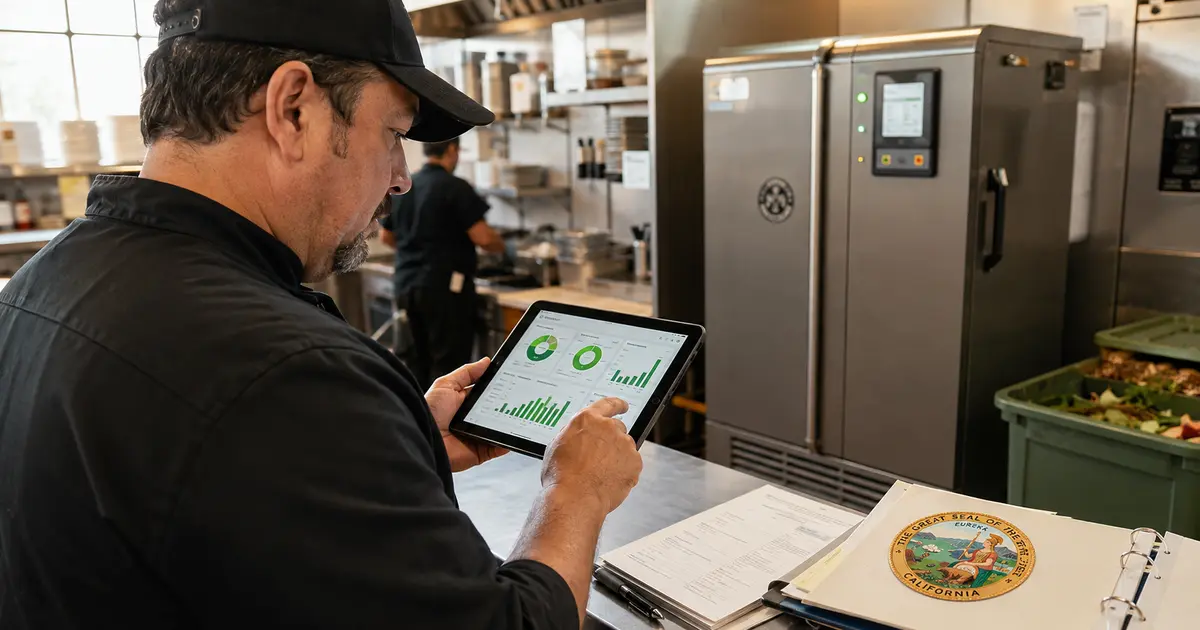 Restaurant manager reviewing food waste diversion dashboard on tablet with commercial composter unit and California compliance documents in background